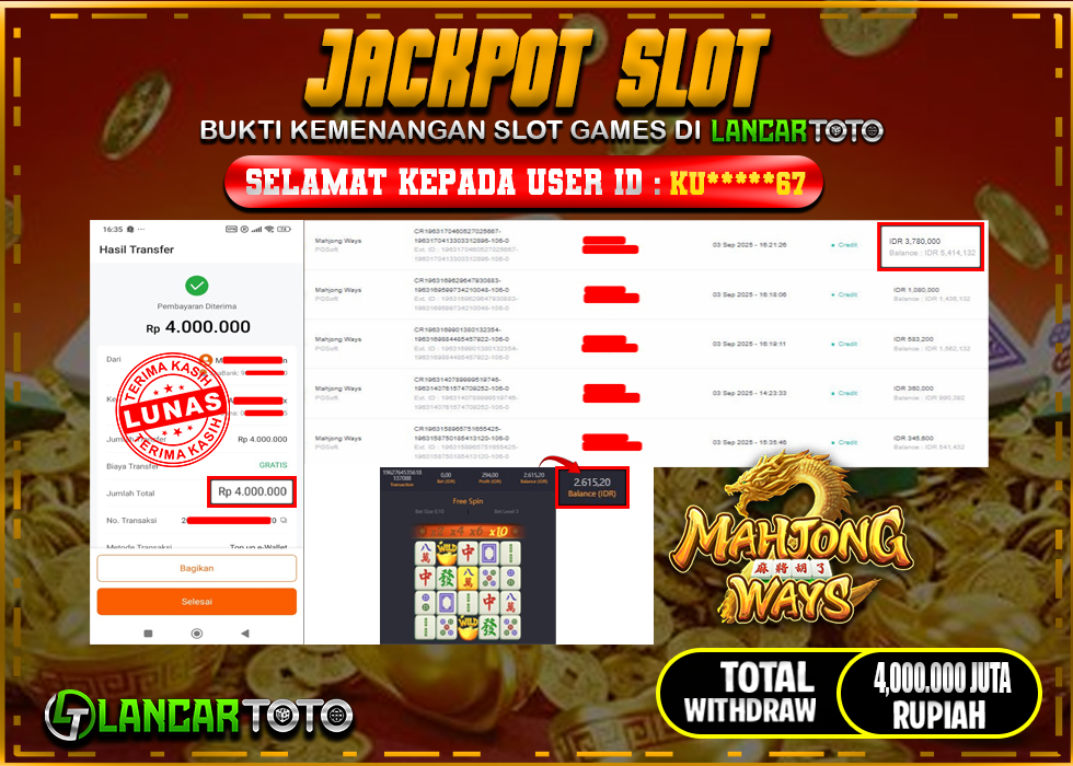 LANCARTOTO JACKPOT SLOT MAHJONG WAYS! Rp.4,000.000.,- LUNAS