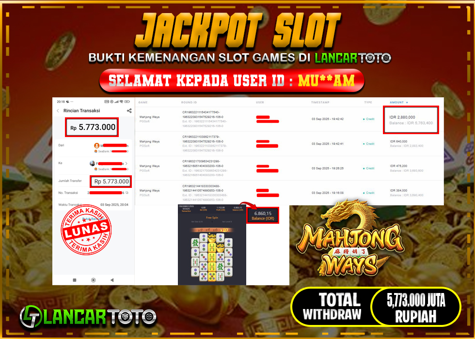 LANCARTOTO JACKPOT SLOT MAHJONG WAYS! Rp.5,773.000.,- LUNAS