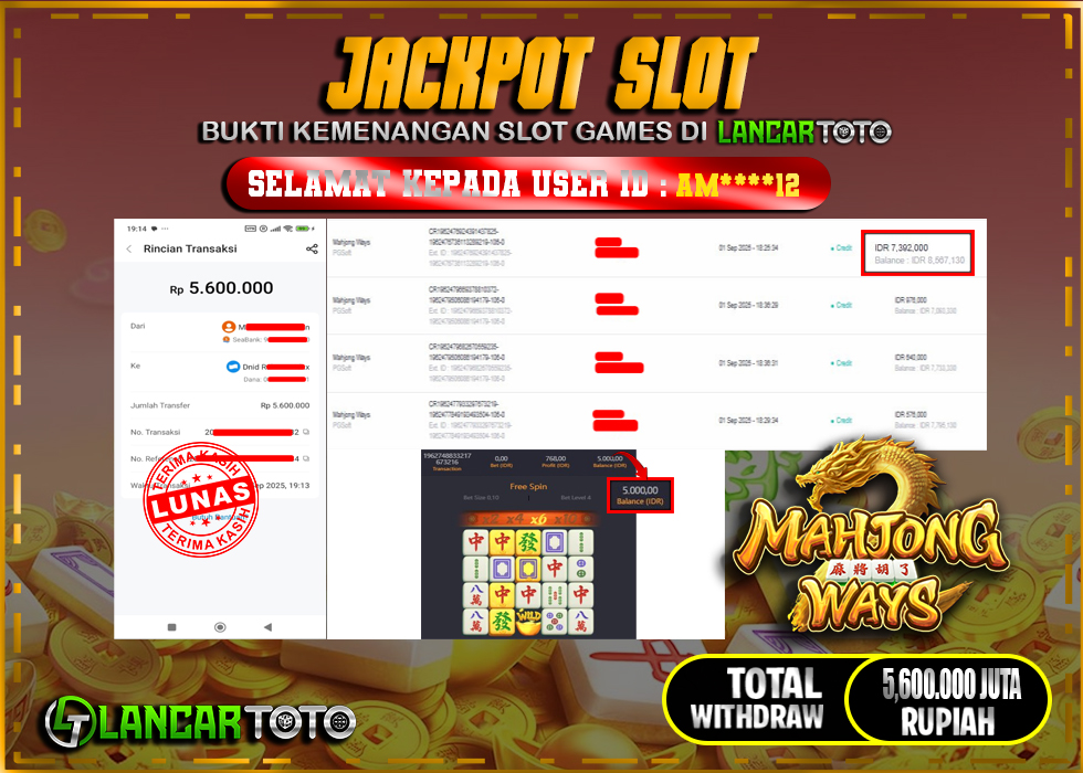 LANCARTOTO JACKPOT SLOT MAHJONG WAYS! Rp.5,600.000.,- LUNAS