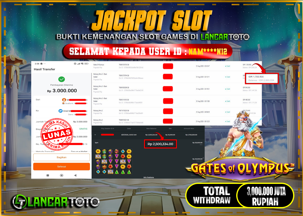 LANCARTOTO JACKPOT SLOT GATES of OLYMPUS! Rp.3,000.000.,- LUNAS