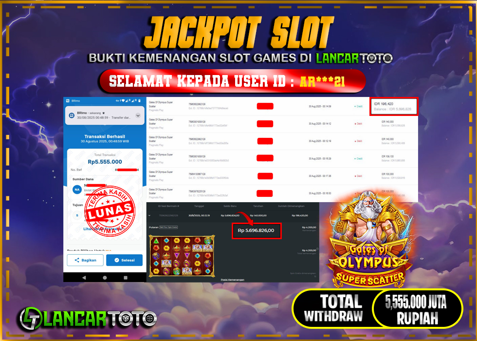 LANCARTOTO JACKPOT SLOT GATES of OLYMPUS SUPER SCATTER! Rp.5,555.000.,- LUNAS