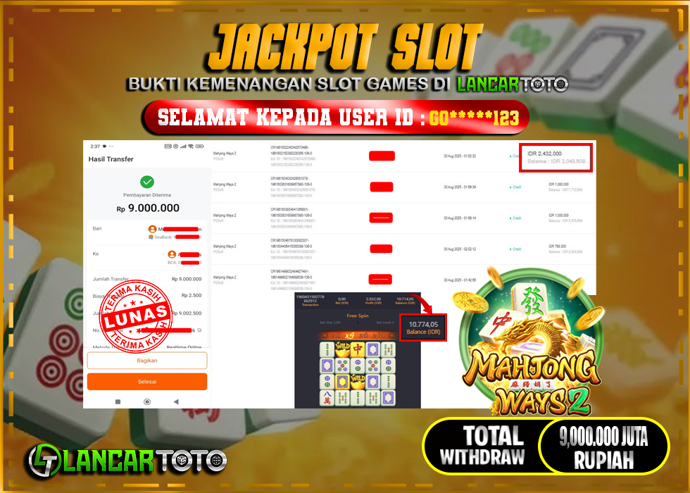 LANCARTOTO JACKPOT SLOT MAHJONG WAYS 2! Rp.9,000.000.,- LUNAS