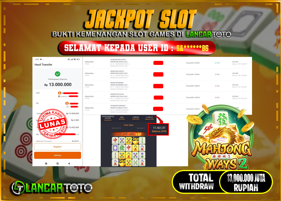 LANCARTOTO JACKPOT SLOT MAHJONG WAYS 2! Rp.13,000.000.,- LUNAS