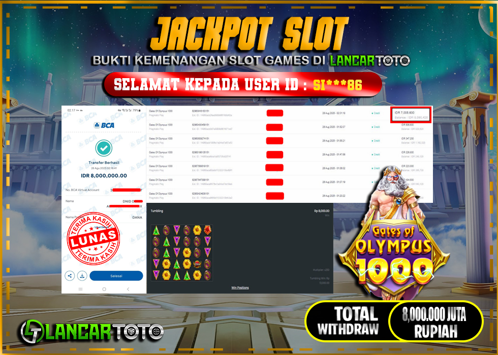LANCARTOTO JACKPOT SLOT GATES of OLYMPUS 1000! Rp.8,000.000.,- LUNAS