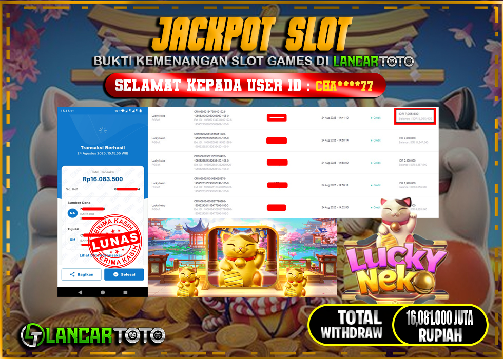 LANCARTOTO JACKPOT SLOT LUCKY NEKO! Rp.16,081.000.,- LUNAS