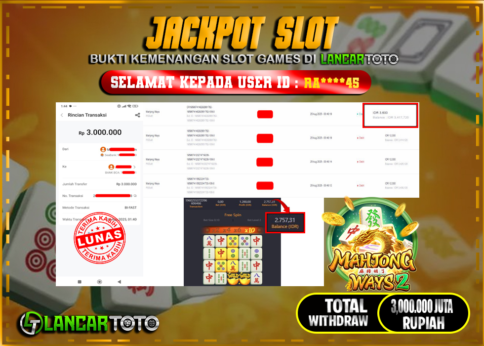 LANCARTOTO JACKPOT SLOT MAHJONG WAYS 2! Rp.3,000.000.,- LUNAS