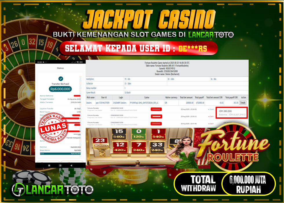 LANCARTOTO JACKPOT CASINO FORTUNE ROULETTE! Rp.6,000.000.,- LUNAS