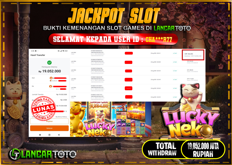 LANCARTOTO JACKPOT SLOT LUCKY NEKO! Rp.19,052.000.,- LUNAS