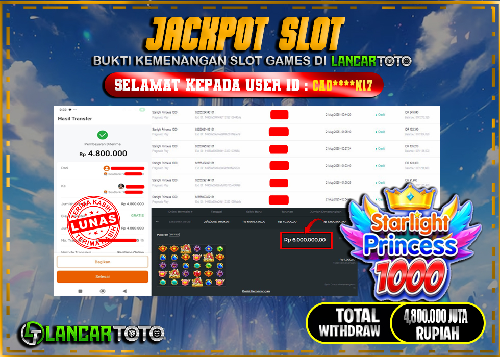LANCARTOTO JACKPOT SLOT STARLIGHT PRINCESS 1000! Rp.4,800.000.,- LUNAS