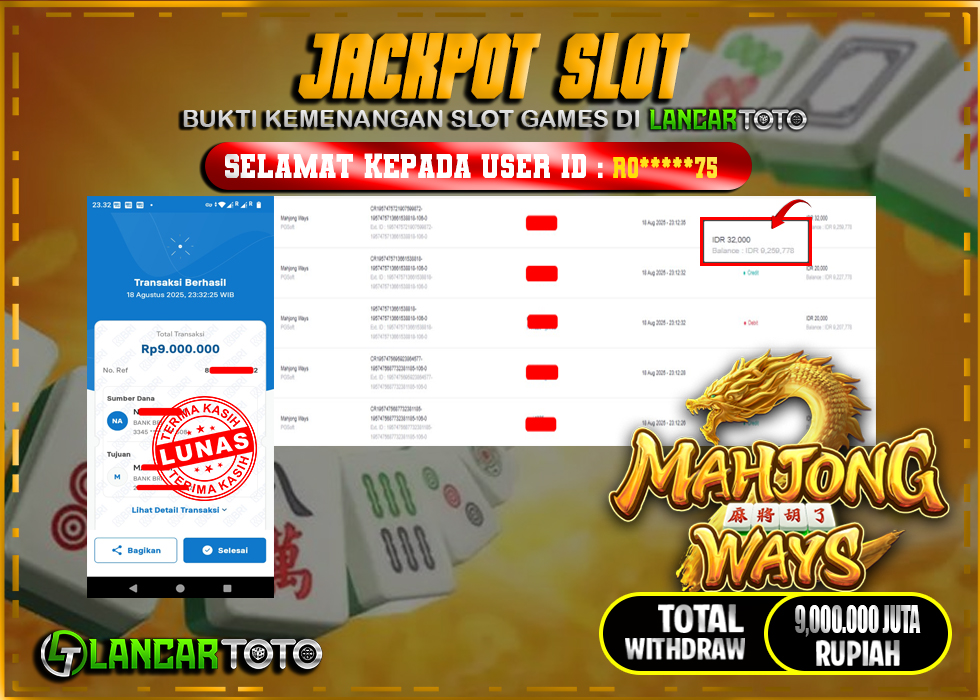 LANCARTOTO JACKPOT SLOT MAHJONG WAYS! Rp.9,000.000.,- LUNAS