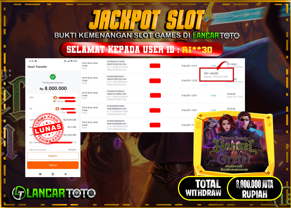 LANCARTOTO JACKPOT SLOT GRIMMS' BOUNTY HANSEL & GRETEL! Rp.8,000.000.,- LUNAS