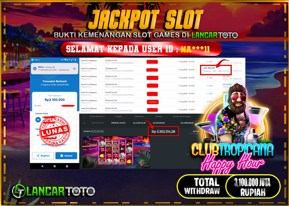 LANCARTOTO JACKPOT SLOT CLUB TROPICANA HAPPY HOUR! Rp.3,1000.000.,- LUNAS