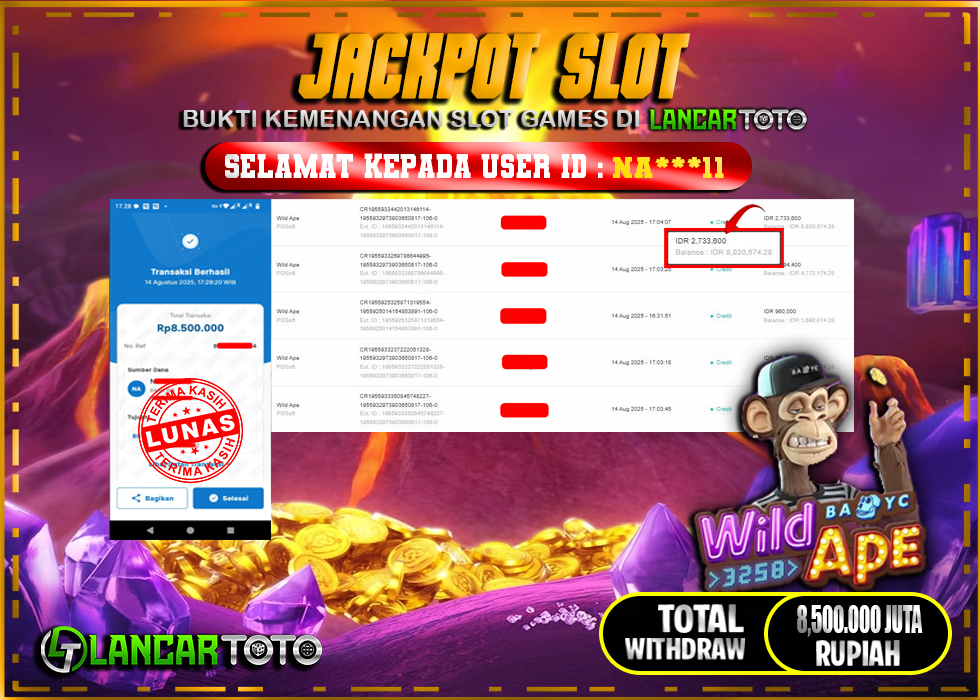 LANCARTOTO JACKPOT SLOT WILD APE! Rp.8,500.000.,- LUNAS