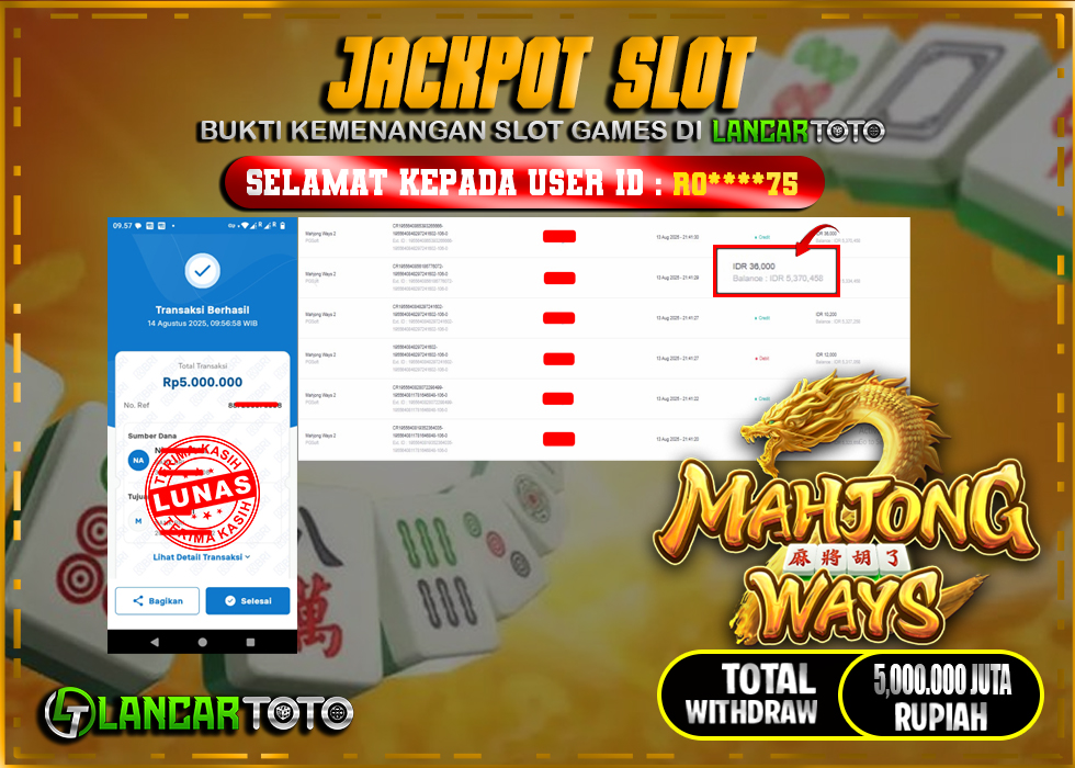 LANCARTOTO JACKPOT SLOT MAHJONG WAYS! Rp.5,000.000.,- LUNAS