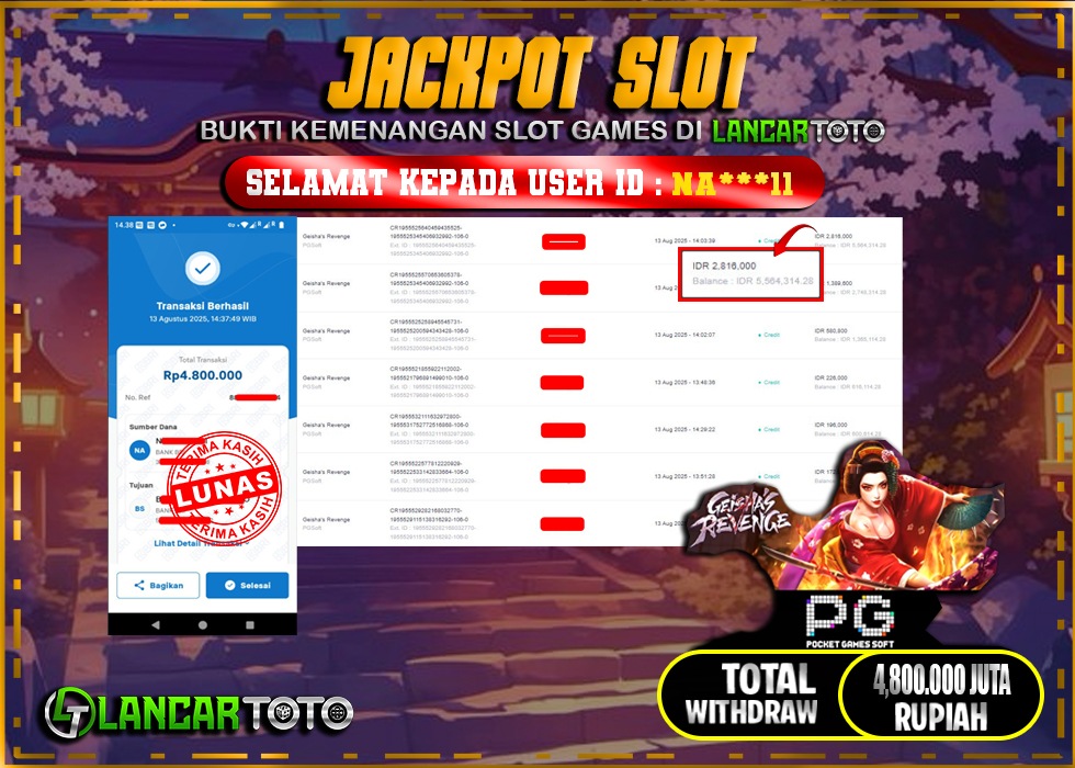 LANCARTOTO JACKPOT SLOT GEISHA'S REVENGE! Rp.4,800.000.,- LUNAS