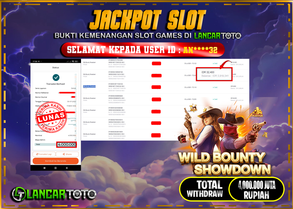 LANCARTOTO JACKPOT SLOT WILD BOUNTY SHOWDOWN! Rp.4,000.000.,- LUNAS