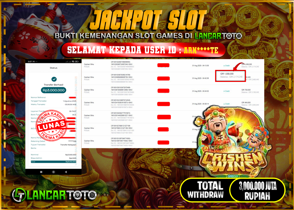 LANCARTOTO JACKPOT SLOT CAISHEN WINS! Rp.3,000.000.,- LUNAS