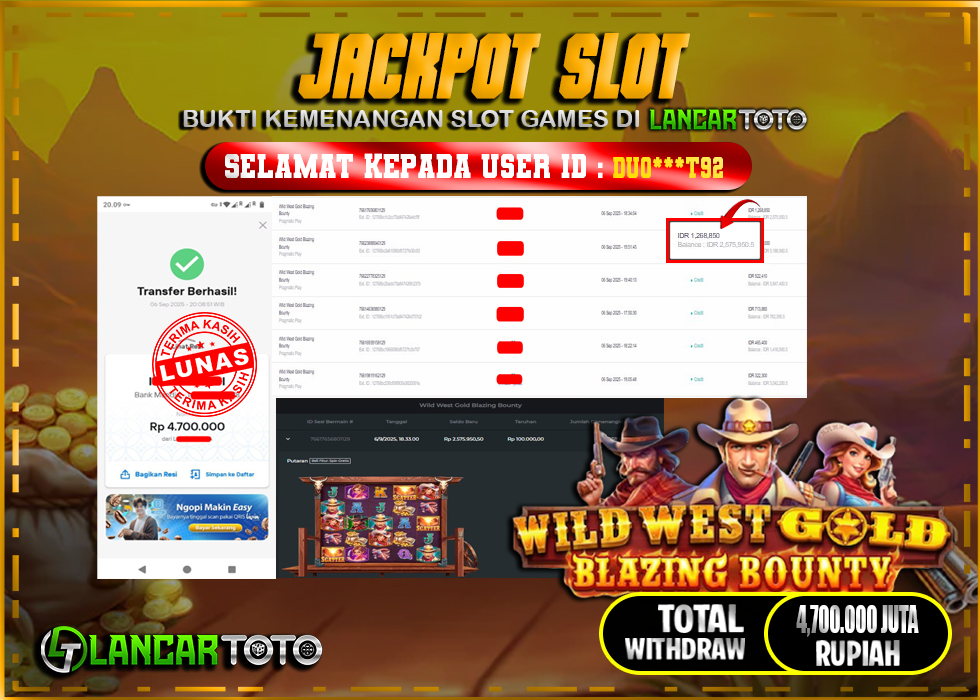 LANCARTOTO JACKPOT SLOT WILD WEST GOLD BLAZING BOUNTY! Rp.4,700.000.,- LUNAS