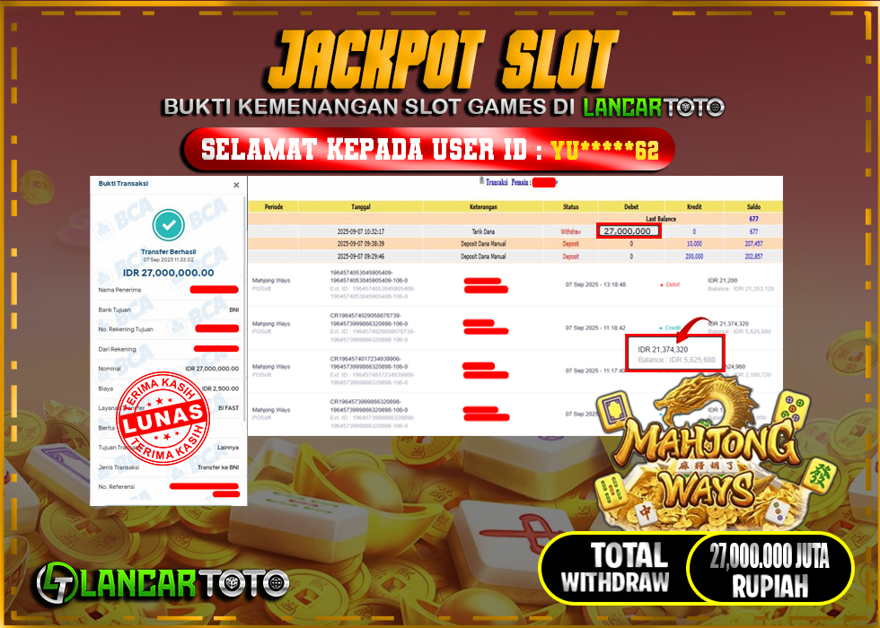 LANCARTOTO JACKPOT SLOT MAHJONG WAYS! Rp.27,000.000.,- LUNAS