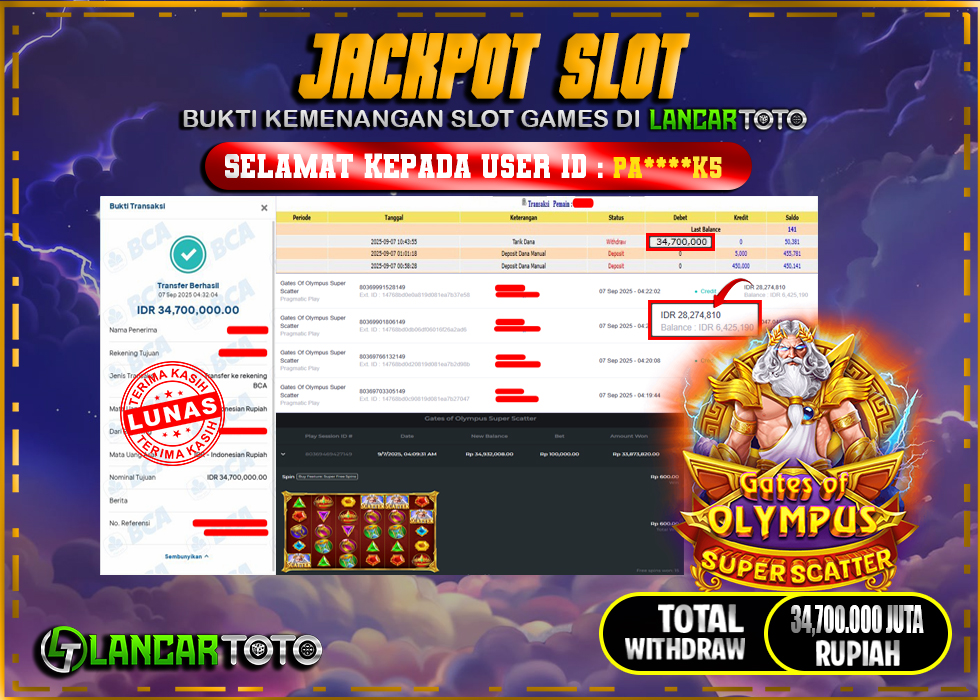 LANCARTOTO JACKPOT SLOT GATES of OLYMPUS SUPER SCATTER! Rp.34,000.000.,- LUNAS