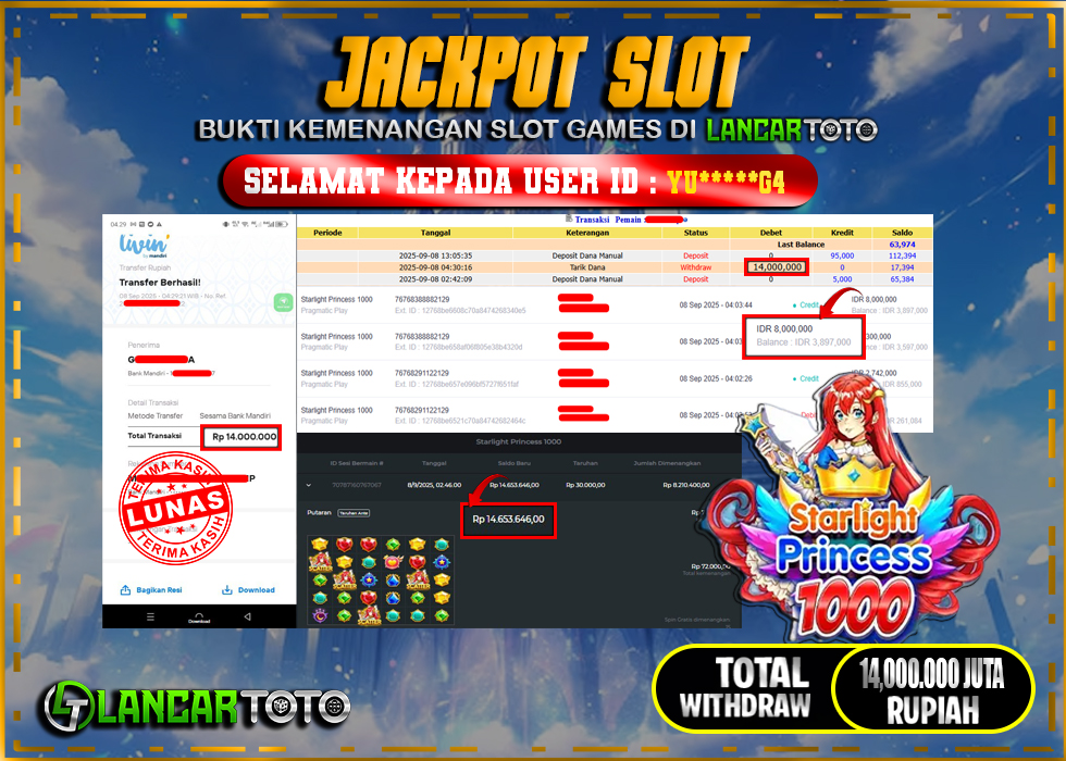 LANCARTOTO JACKPOT SLOT  STARLIGHT PRINCESS 1000! Rp.14,000.000.,- LUNAS