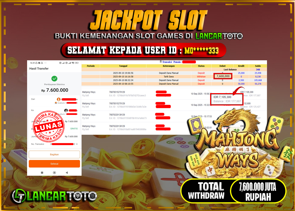 LANCARTOTO JACKPOT SLOT MAHJONG WAYS! Rp.7,600.000.,- LUNAS
