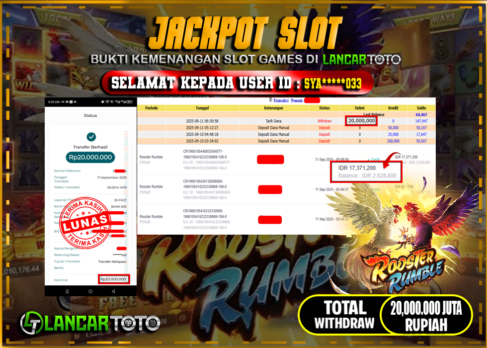 LANCARTOTO JACKPOT SLOT ROOSTER RUMBLE! Rp.20,000.000.,- LUNAS