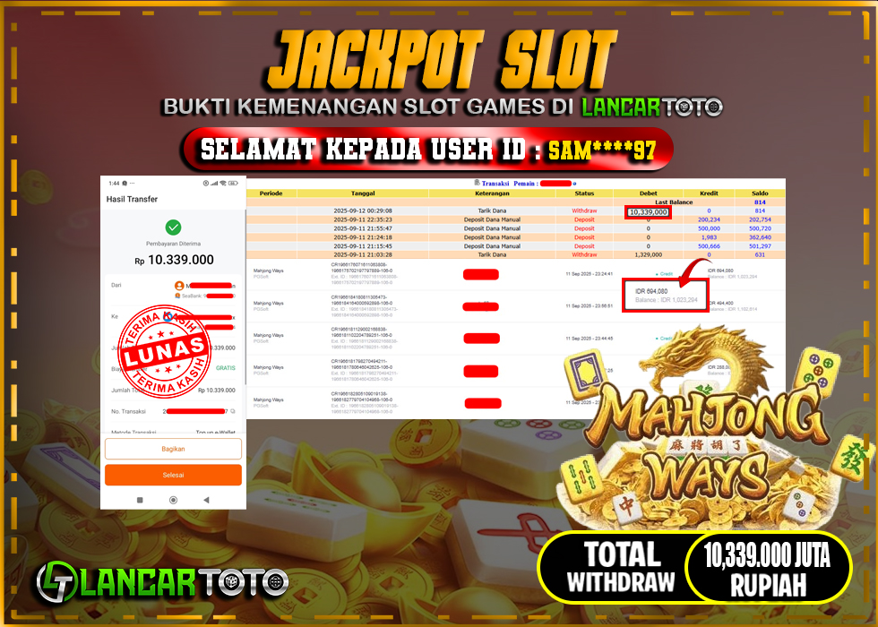 LANCARTOTO JACKPOT SLOT MAHJONG WAYS! Rp.10,339.000.,- LUNAS