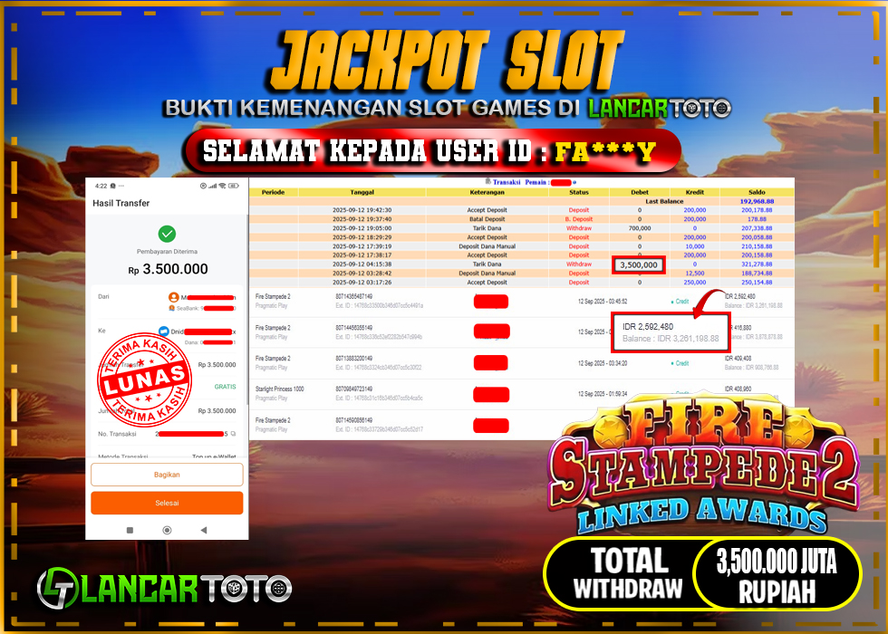 LANCARTOTO JACKPOT SLOT FIRE STAMPEDE 2! Rp.3,500.000.,- LUNAS