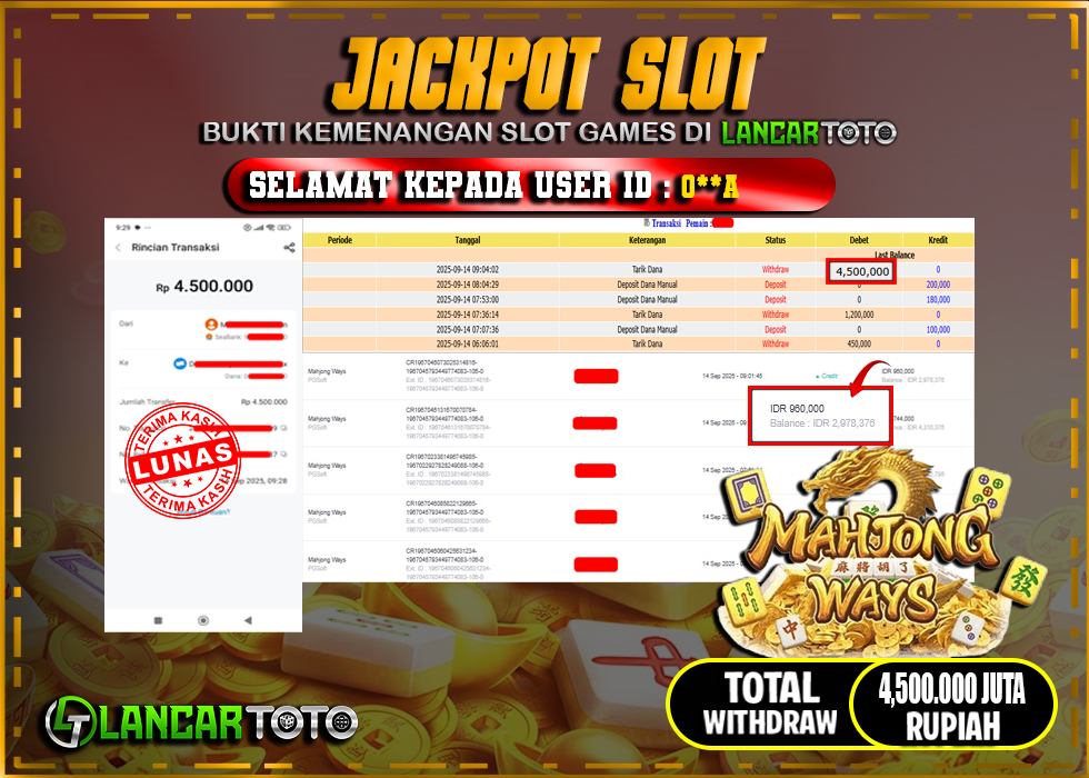LANCARTOTO JACKPOT SLOT MAHJONG WAYS! Rp.4,500.000.,- LUNAS