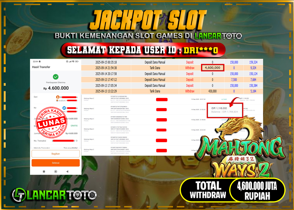 LANCARTOTO JACKPOT SLOT MAHJONG WAYS 2! Rp.4,600.000.,- LUNAS