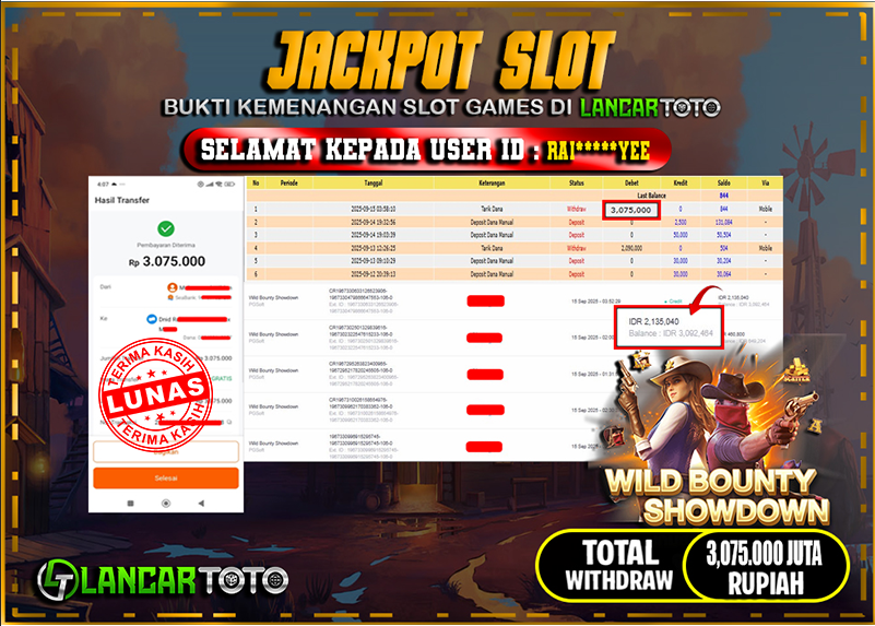 LANCARTOTO JACKPOT SLOT WILD BOUNTY SHOWDOWN! Rp.3,075.000.,- LUNAS