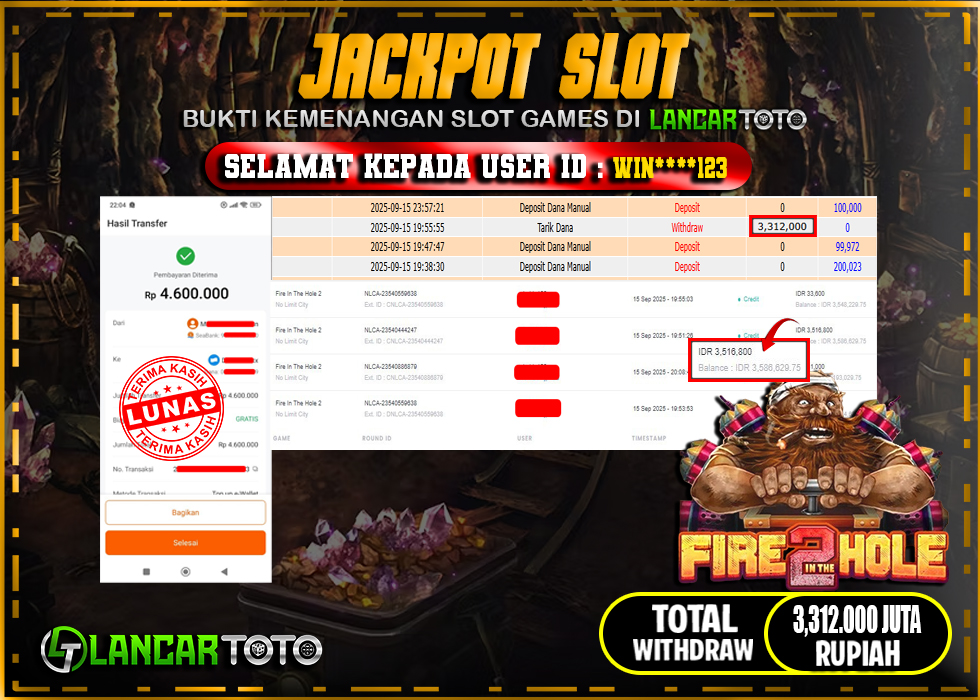 LANCARTOTO JACKPOT SLOT FIRE IN THE HOLE 2! Rp.3,312.000.,- LUNAS