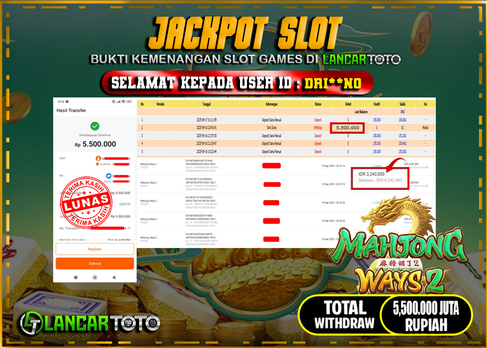 LANCARTOTO JACKPOT SLOT MAHJONG WAYS 2! Rp.5,500.000.,- LUNAS