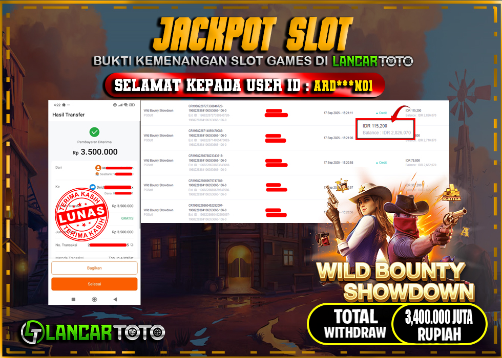 LANCARTOTO JACKPOT SLOT WILD BOUNTY SHOWDOWN! Rp.3,400.000.,- LUNAS