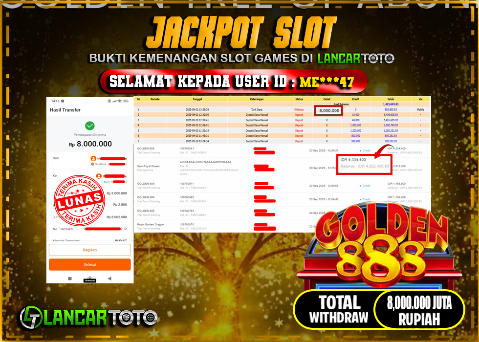 LANCARTOTO JACKPOT SLOT GOLDEN888! Rp.8,000.000.,- LUNAS