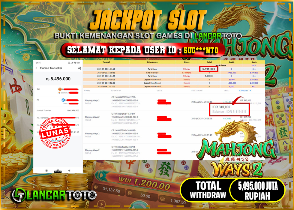 LANCARTOTO JACKPOT SLOT MAHJONG WAYS 2! Rp.5,495.000.,- LUNAS