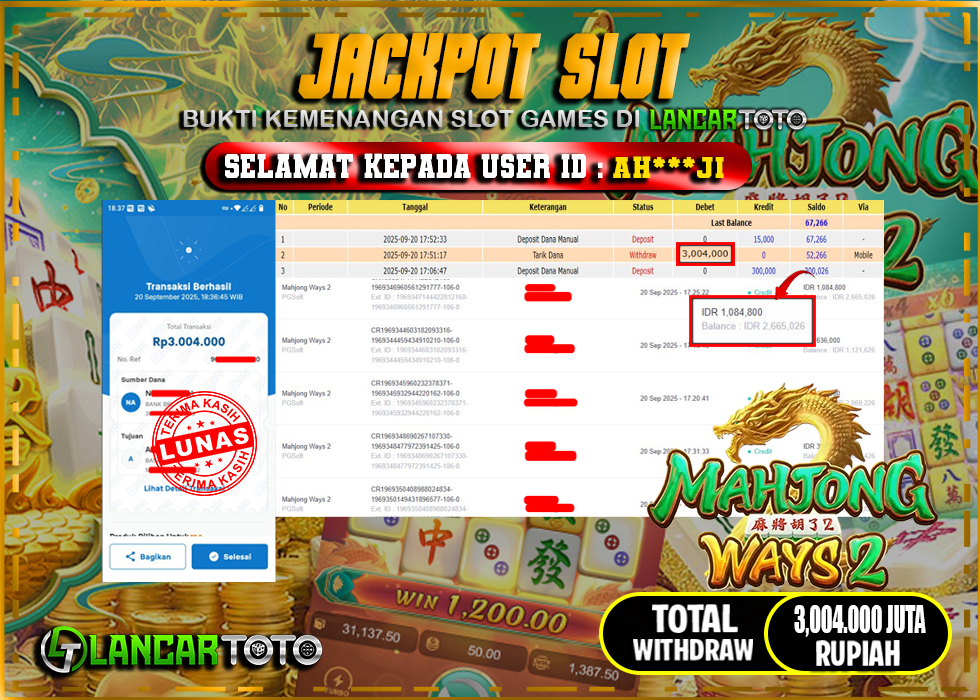 LANCARTOTO JACKPOT SLOT MAHJONG WAYS 2! Rp.3,004.000.,- LUNAS