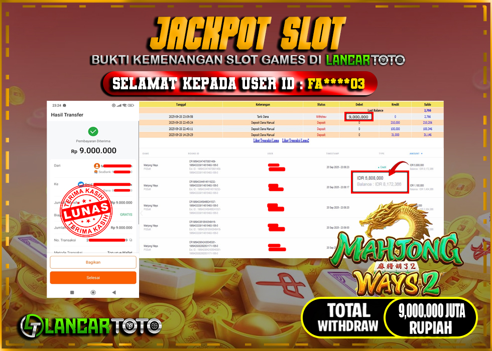 LANCARTOTO JACKPOT SLOT MAHJONG WAYS2! Rp.9,000.000.,- LUNAS