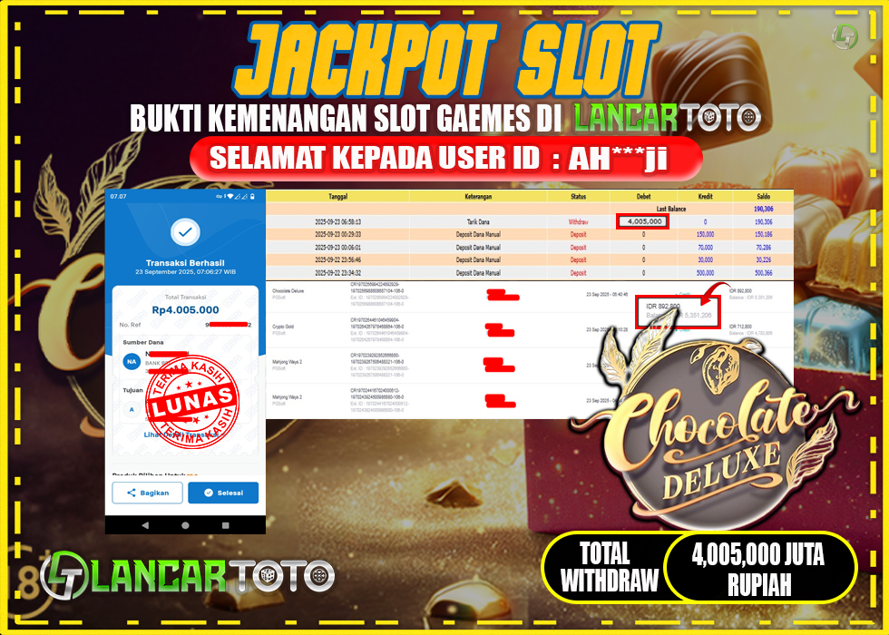 LANCARTOTO JACKPOT SLOT CHOCOLATE DELUXE! Rp.4.005.000.,- LUNAS
