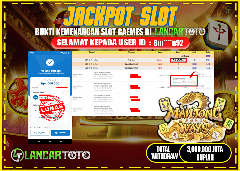 LANCARTOTO JACKPOT SLOT MAHJONG WAYS! Rp.3,000.000.,- LUNAS