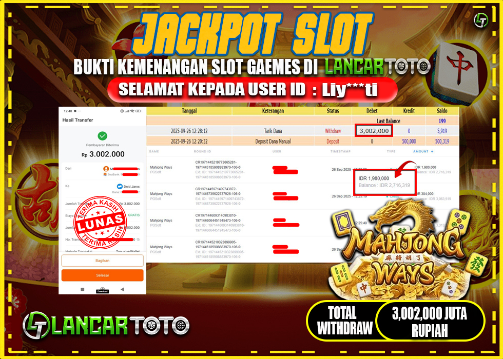 LANCARTOTO JACKPOT SLOT MAHJONG WAYS! Rp.3,002.000.,- LUNAS
