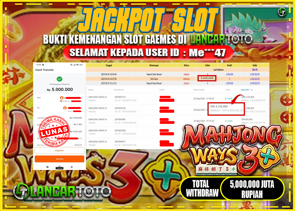LANCARTOTO JACKPOT SLOT MAHJONG WAYS 3+! Rp.5,000.000.,- LUNAS