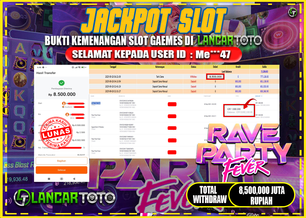 LANCARTOTO JACKPOT SLOT RAVE PARTY FEVER! Rp.8,500.000.,- LUNAS