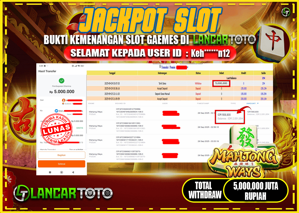 LANCARTOTO JACKPOT SLOT GAME MAHJONG WAYS! Rp.5,000.000.,- LUNAS