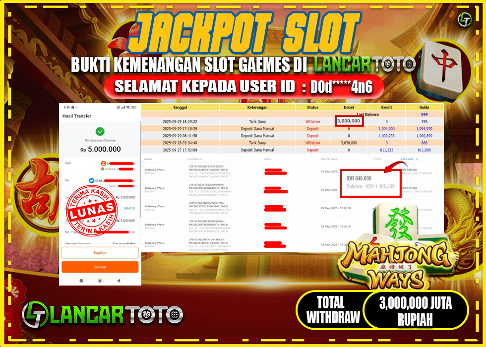 LANCARTOTO JACKPOT GAME SLOT MAHJONG WAYS! Rp.3,000.000.,- LUNAS
