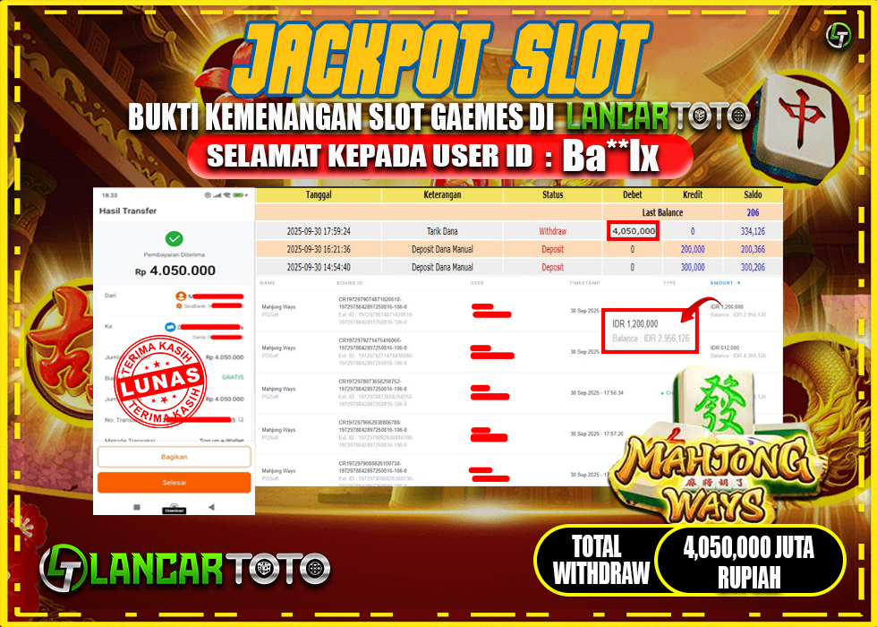 LANCARTOTO RAIH JACKPOT SLOT MAHJONG WAYS! Rp.4,050.000.,- LUNAS