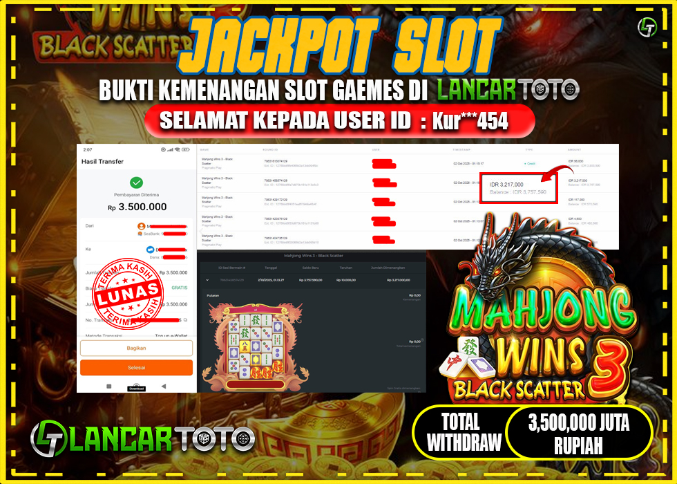 LANCARTOTO JACKPOT SLOT MAHJONG WINS 3-BLACK SCATTER! Rp.3,500.000.,- LUNAS