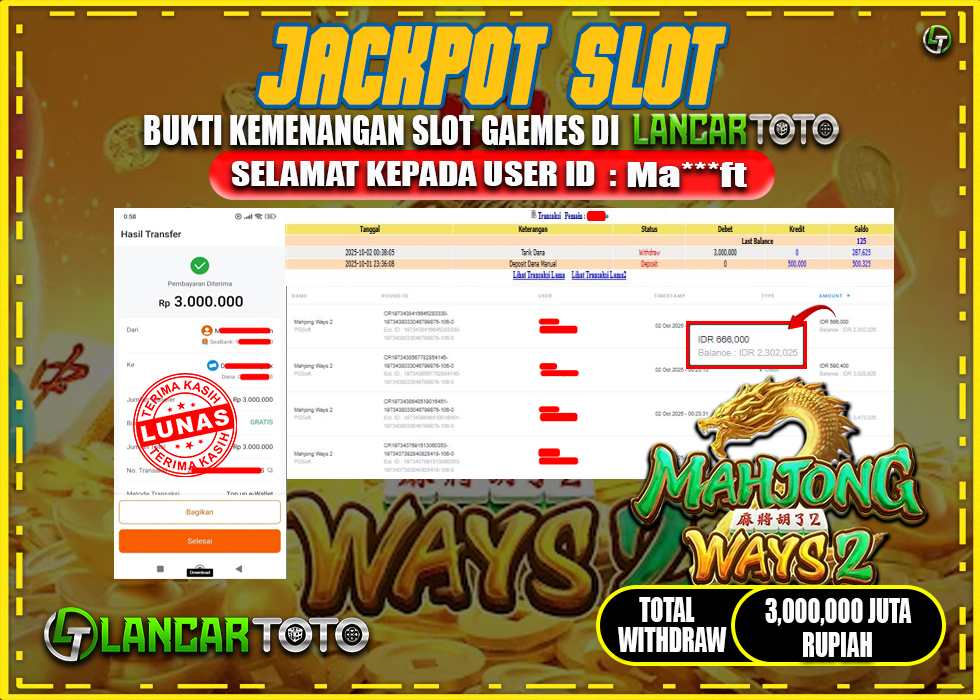 LANCARTOTO JACKPOT PERMAINAN SLOT MAHJONG WAYS! Rp.3,000.000.,- LUNAS