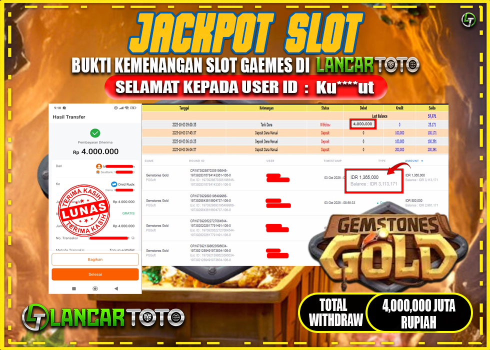 LANCARTOTO JACKPOT SLOT GEMSTONES GOLD! Rp.4,000.000.,- LUNAS